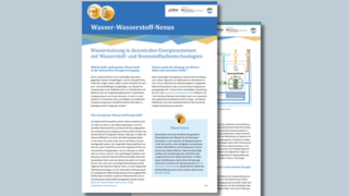 Grafik mit der Ankündigung eines neuen Factsheets von NOW GmbH zum Thema „Wasser-Wasserstoff-Nexus“. Im Zentrum sind zwei übereinanderliegende Seiten des Factsheets abgebildet. Die Hauptüberschrift lautet „Wasser-Wasserstoff-Nexus“.