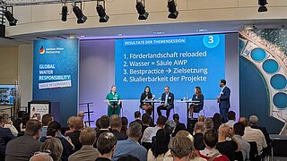 5 Personen auf Bühne, davor das Publikum