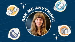 in einem Kreis ein Porträt von Anna Brinkmann, außen der Schriftzug "Ask me anything" und Icons zu Recycling-Themen