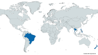 Eine Weltkarte, auf der die Länder Brasilien, Neuseeland, Thailand und die Philippinen farblich hervorgehoben sind.