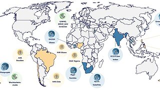 Weltkarte mit 14 Projekten der NOW im Rahmen der EXI